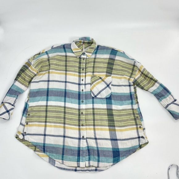 Free People Plaid Year Round 100% Cotton Gauzy‎ Preppy Button Down Shirt XS - Picture 2 of 10
